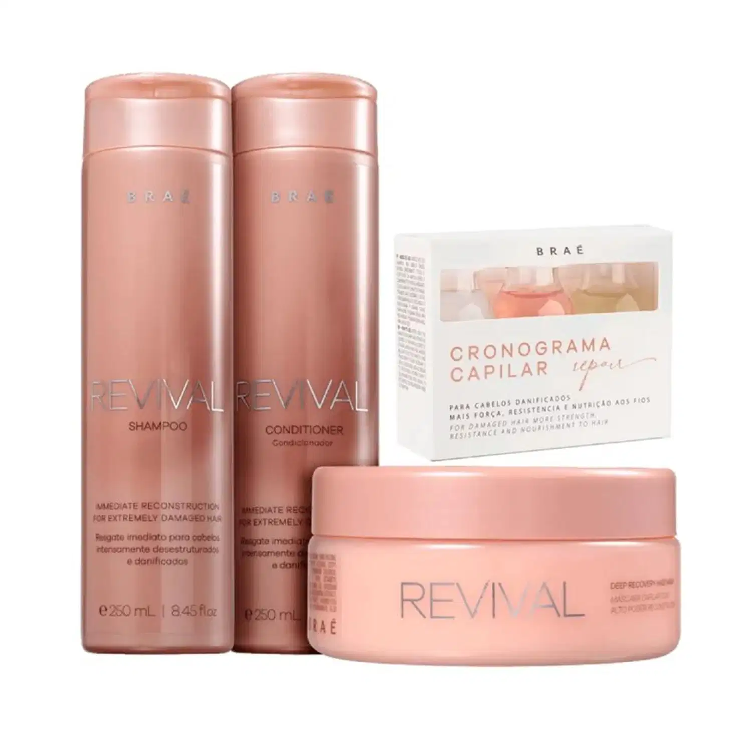Kit Braé Revival - Shampoo 250ml + Condicionador 250ml + Máscara 200g + Cronograma de Ampolas Repair (3 AMPOLAS) 13ml