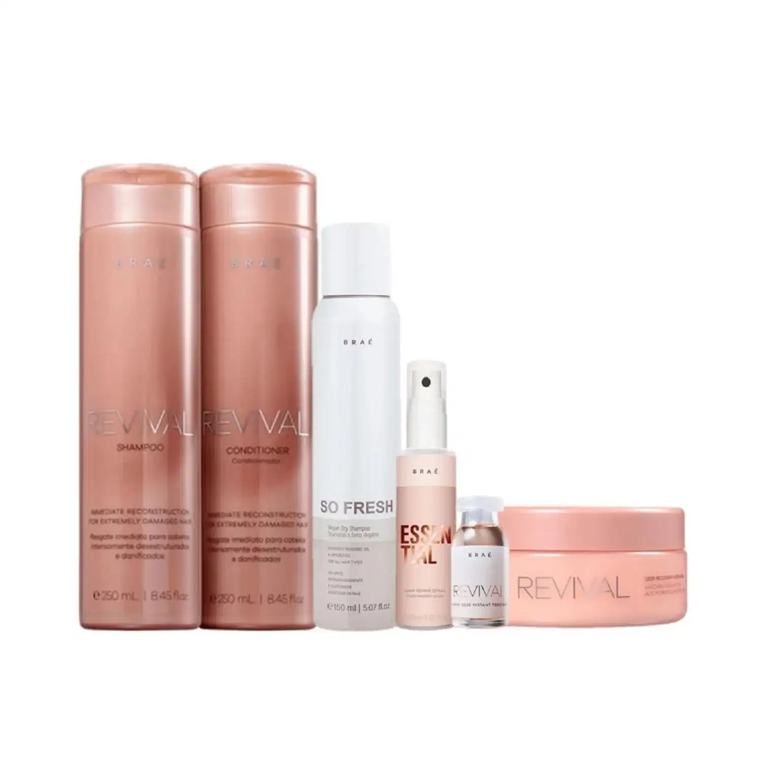Kit Braé Revival-Shampoo 250ml +Condicionador 250ml +Máscara 200ml +So Fresh 150ml +Essential 60ml +Ampola Revival 13ml