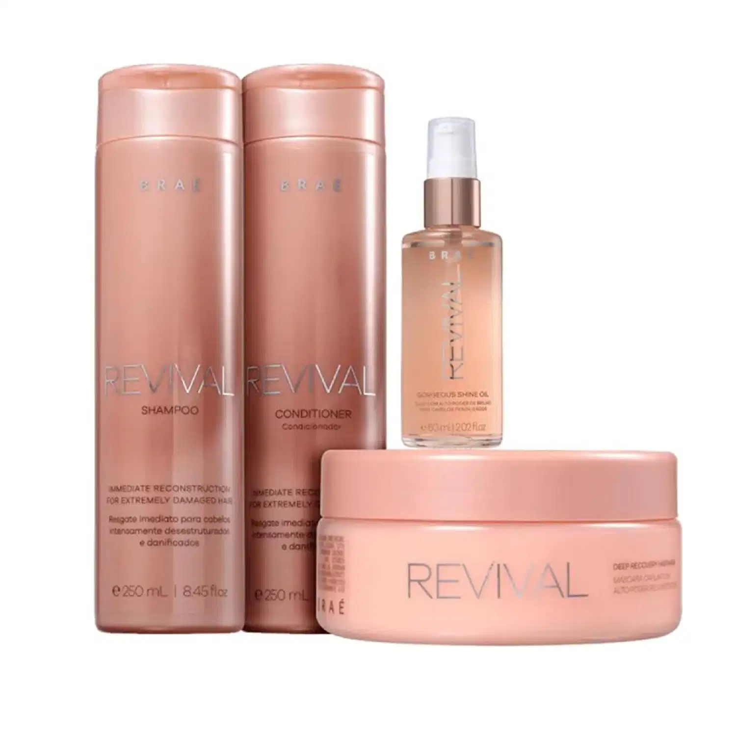 Kit Braé Revival - Shampoo 250ml + Condicionador 250ml + Máscara 200g + Óleo Gorgeous Shine 60ml