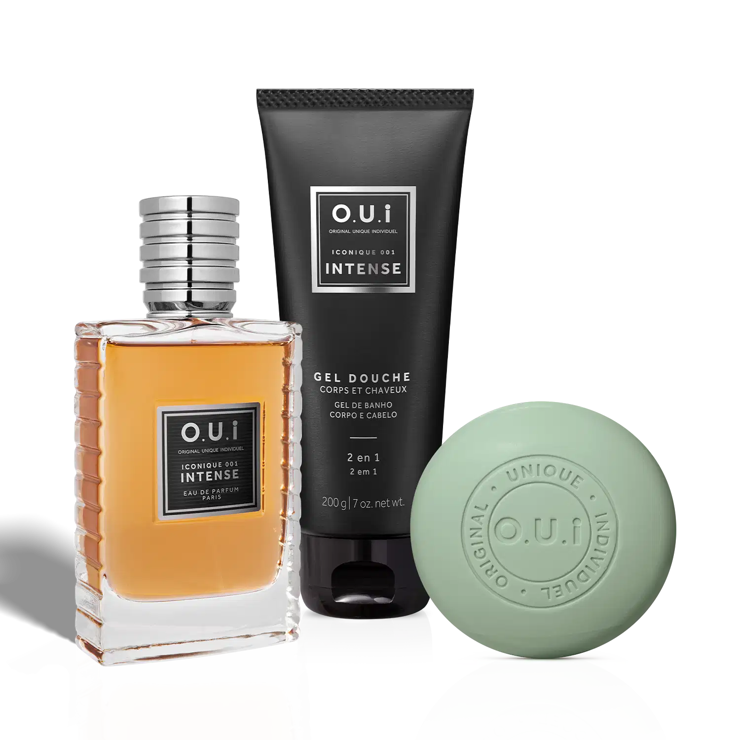 Combo Iconique 001 Intense: Eau De Parfum 75ml+ Shower Gel 200g + Sabonete de Barbear Savon Barbe 90g