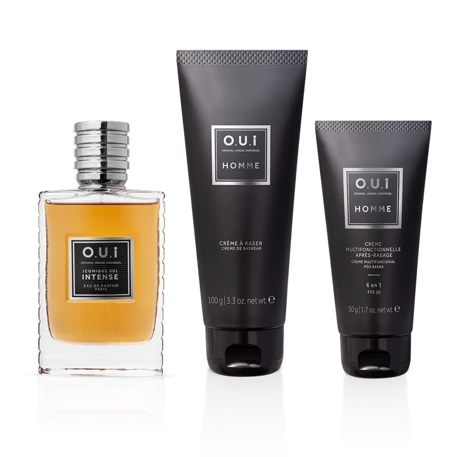 Combo Iconique 001 Intense Eau de Parfum 75 ml + Creme de Barbear Homme 100g + Creme Multifuncional Pós-Barba Homme 50g
