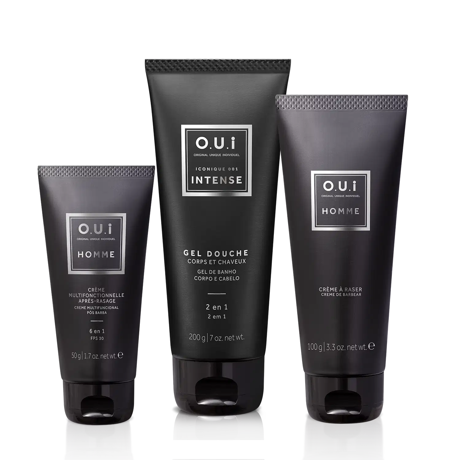 Combo Gel de Banho Iconique 001 Intense 200g + Creme de Barbear Homme 100g + Creme Multifuncional Pós-Barba Homme 50g