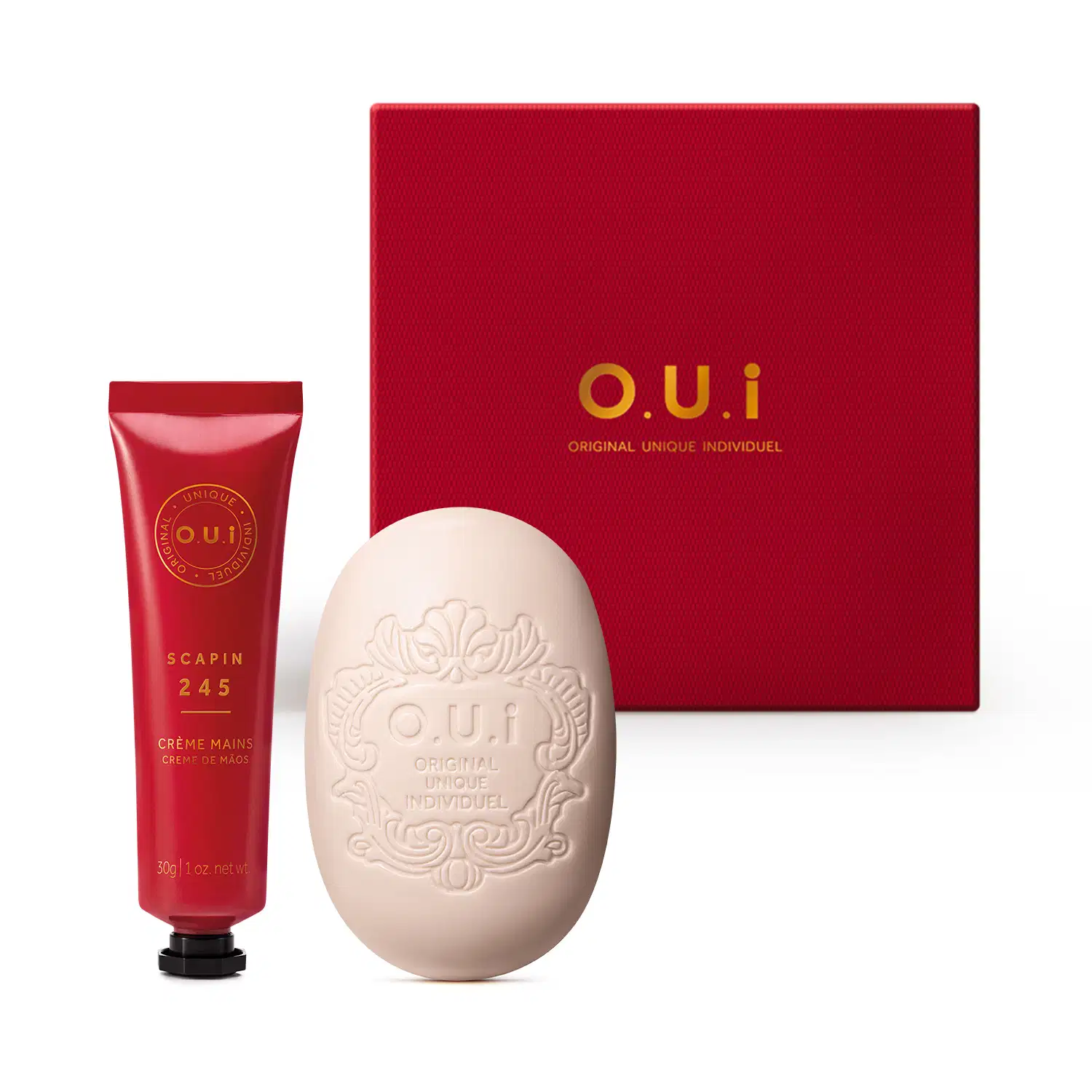 Combo O.U.i Amour: Sabonete em Barra L'Amou-Esse 142 90g + Creme Hidratante para as Mãos Scapin 245 30g + Caixa