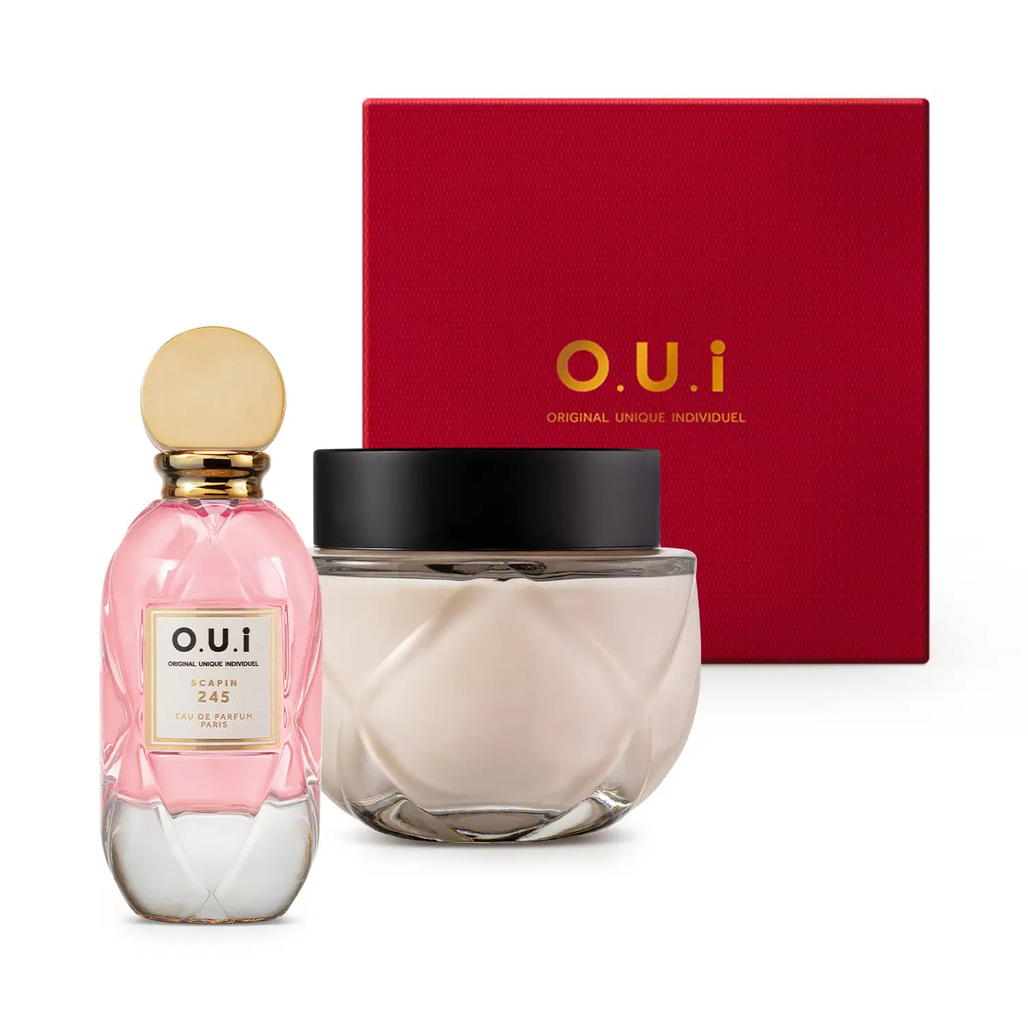 Combo Presente O.U.i: Eau de Parfum Scapin 245 75ml + Hidratante Desodorante Crème Riche L’Amour-Esse 142 200G + Caixa