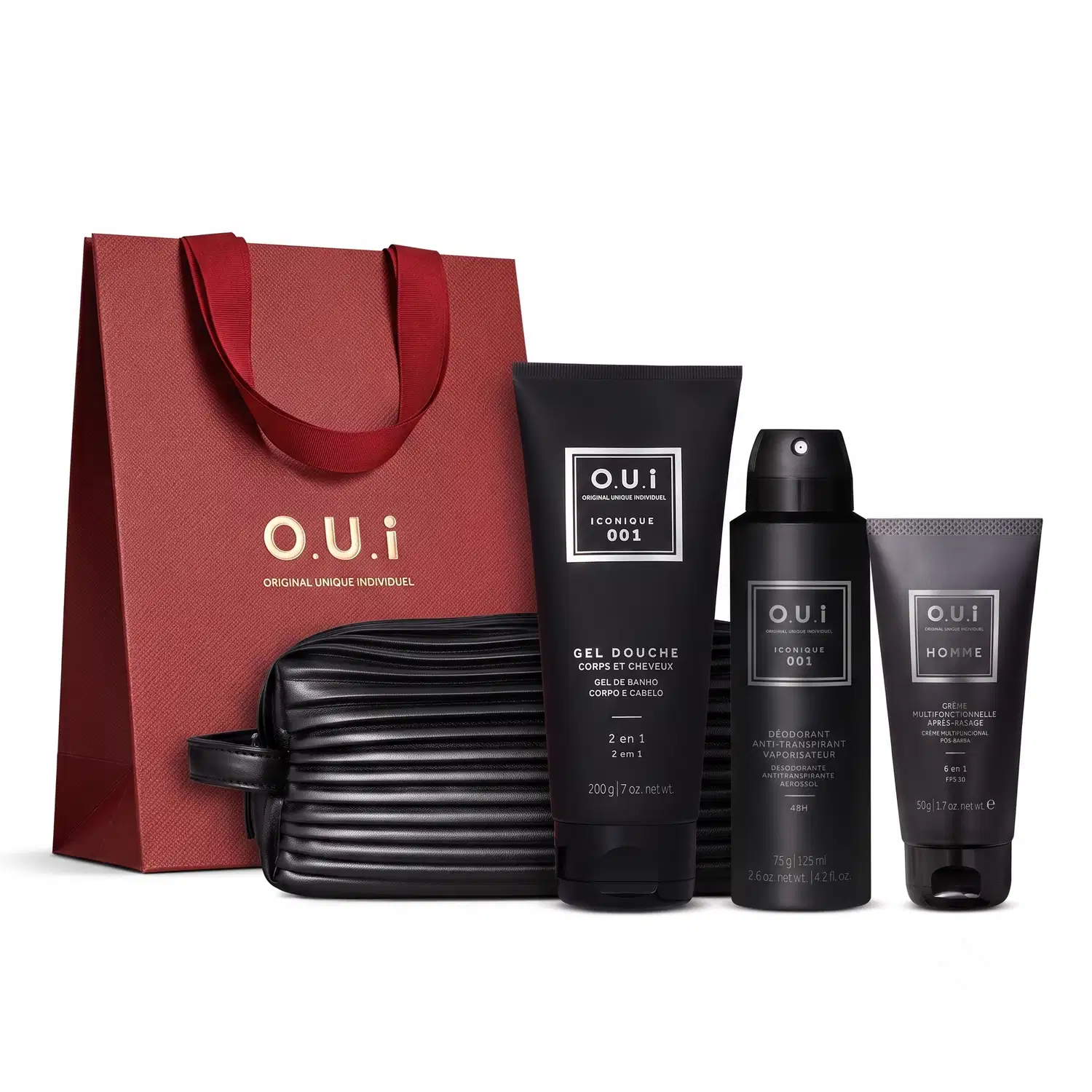 Combo O.U.i Iconique 001 Ritual Homme: Gel de Banho 200ml + Pós-Barba 50g + Aerossol 125ml + Nécessaire Preto + Sacola de Presente