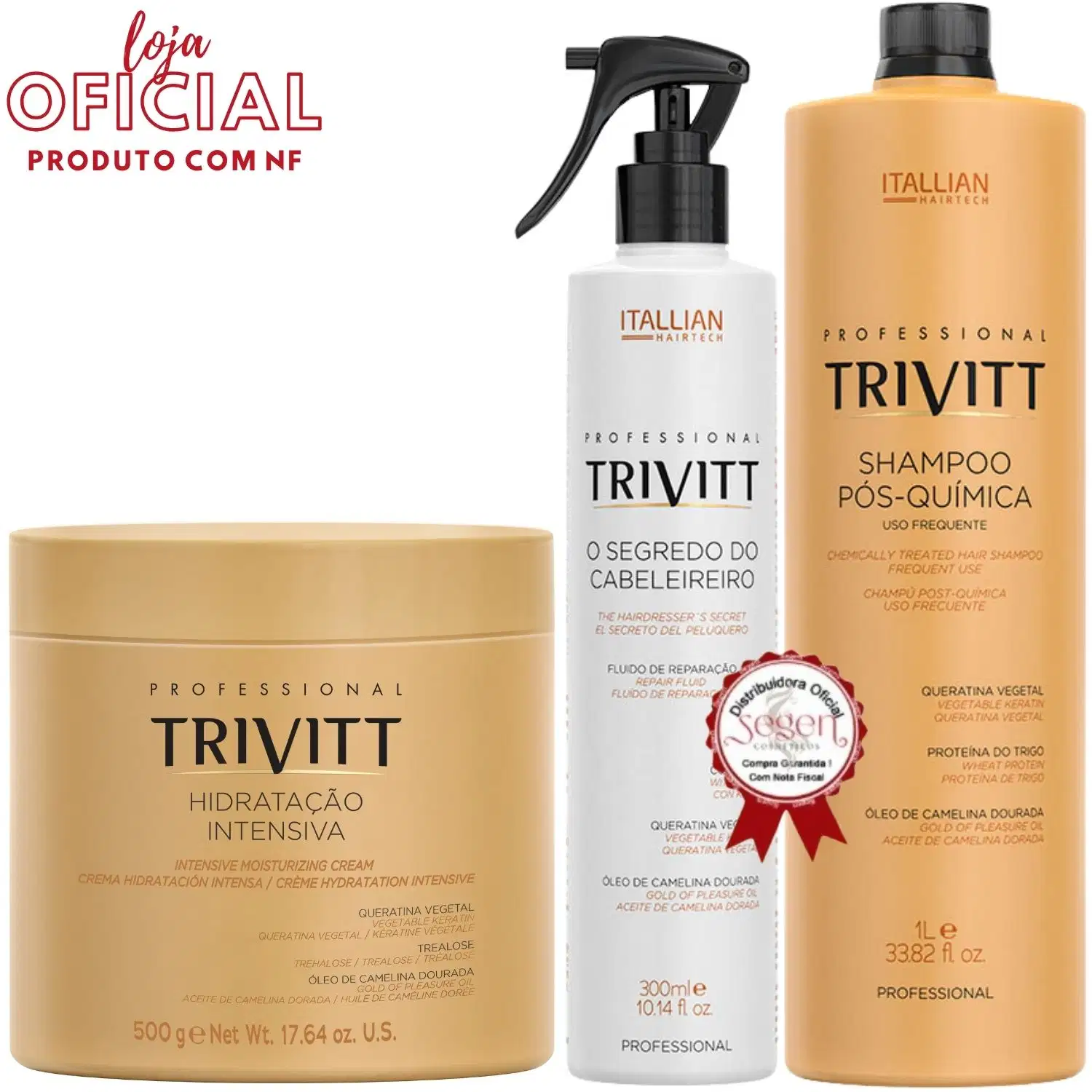 Trivitt: Hidratação Intensiva 500g, O Segredo Do Cabeleireiro 300ml e Shampoo Pós-Química 1L