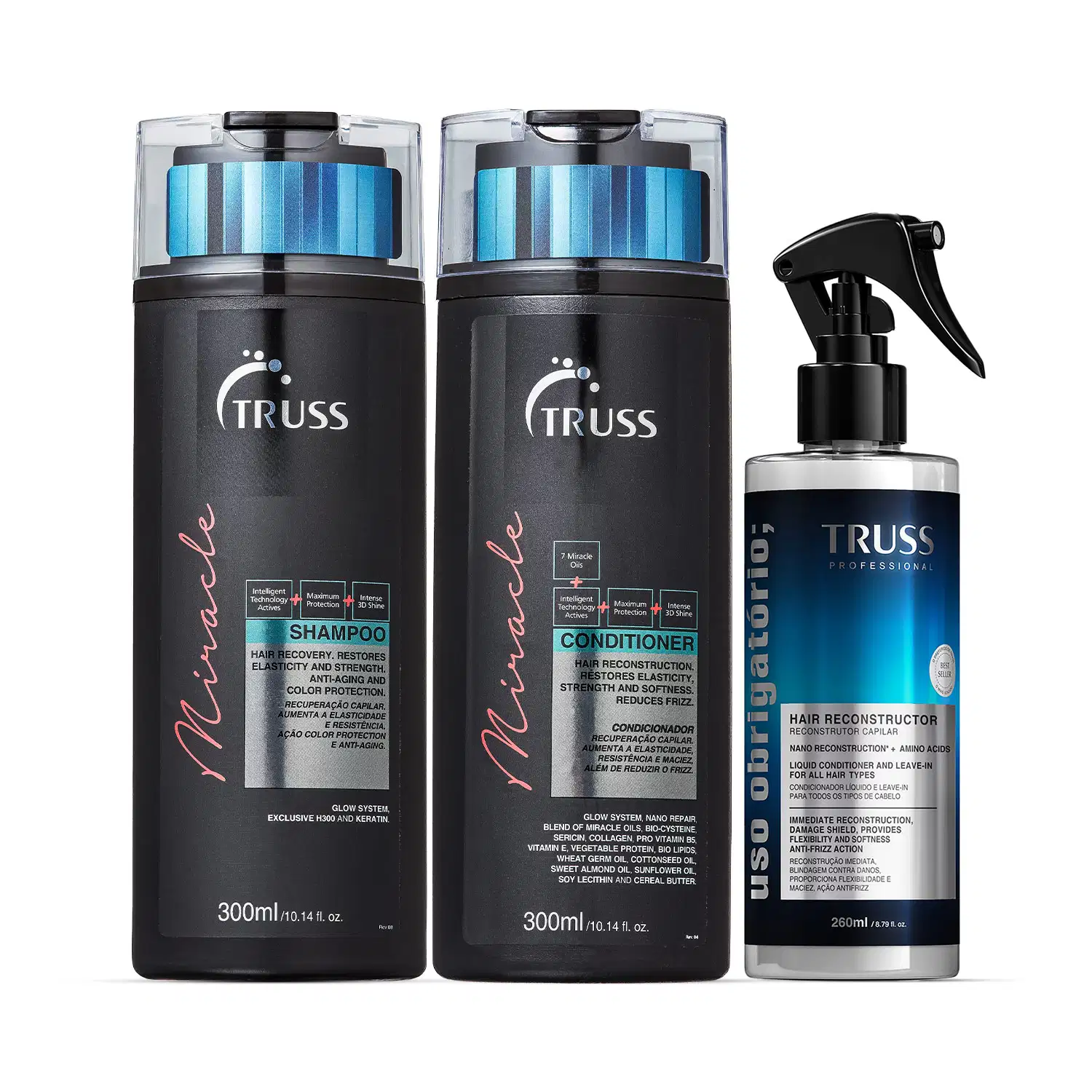 Combo Miracle Obrigatório: Shampoo Miracle 300ml + Condicionador Miracle 300ml + Spray Uso Obrigatório; 260ml