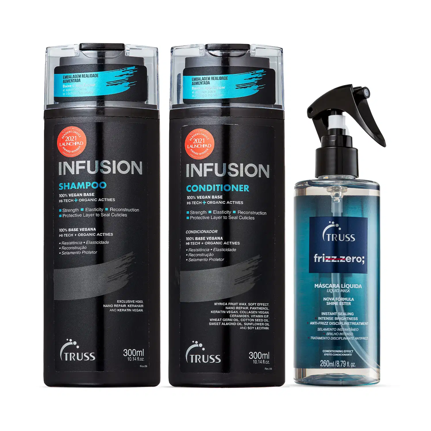 Combo Infusion FRIZZ ZERO: Shampoo 300ml + Condicionador 300ml + Máscara Líquida FRIZZ ZERO 260ml