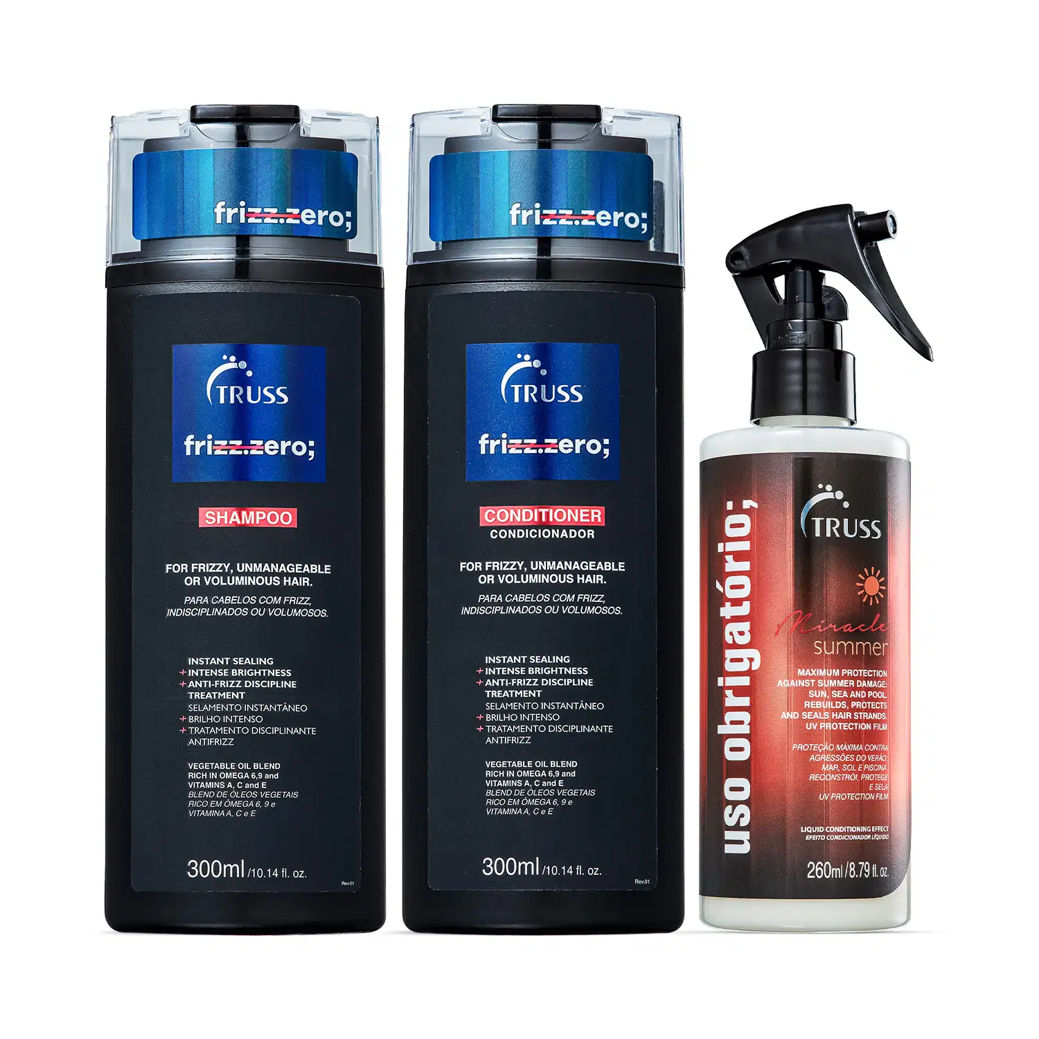 Combo FRIZZ ZERO MIRACLE SUMMER: Shampoo 300ml + Condicionador 300ml + RECONSTRUTOR MIRACLE SUMMER 260ml