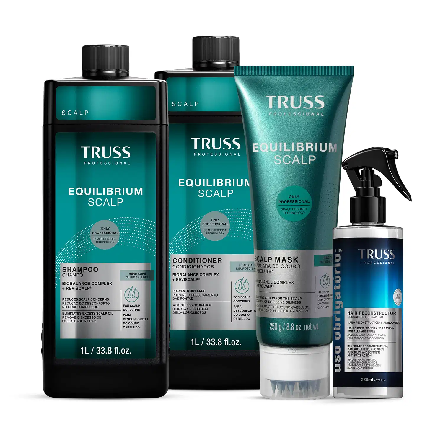 Combo Truss Equilibrium Scalp: Shampoo 1l + Condicionador 1L + Máscara 250g + Spray Uso Obrigatório; 260ml