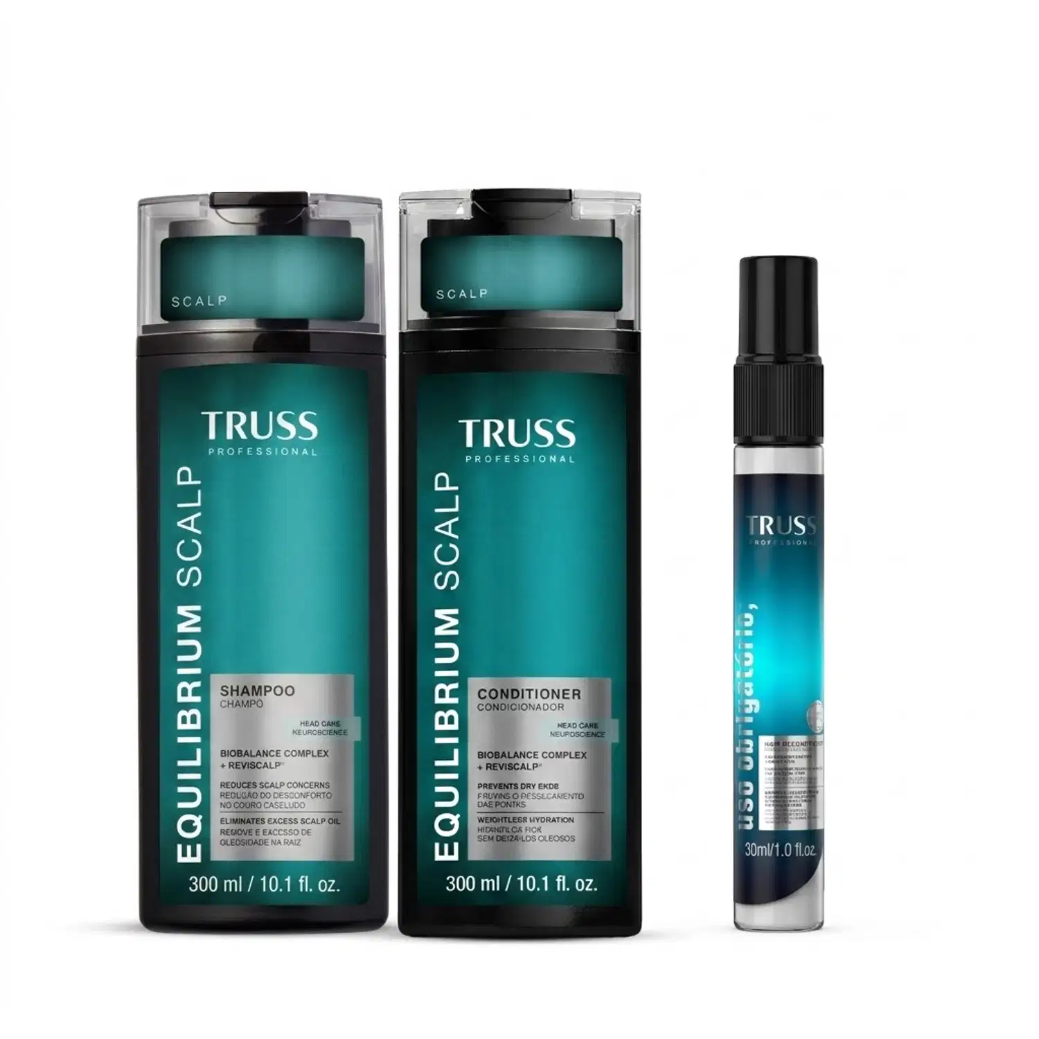 Combo Equilibrium Scalp: Shampoo 300ml + Condicionador 300ml + Spray Uso Obrigatório Travel Size 30ml