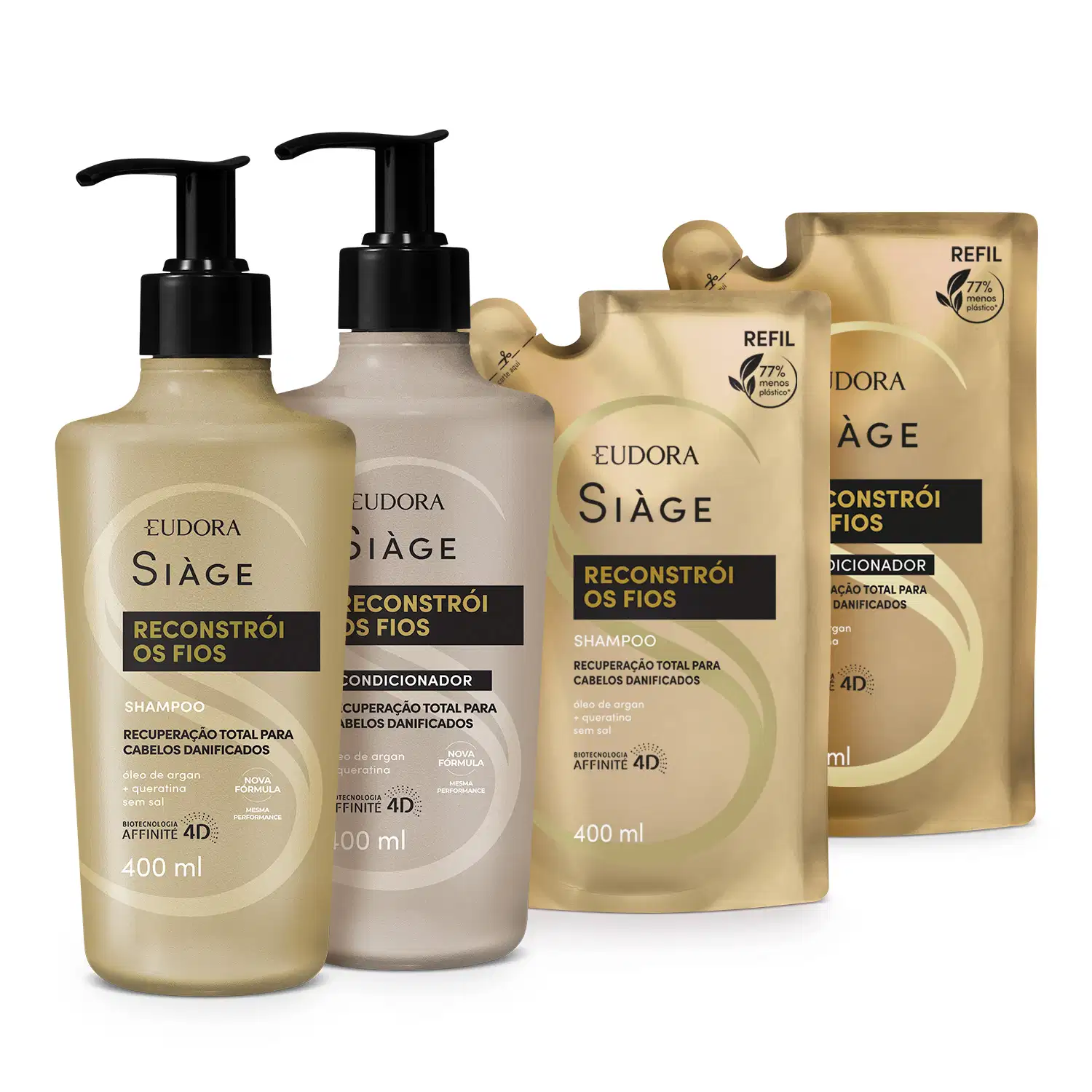 Kit Siàge Reconstrói Fios: Shampoo 400ml + Refil Shampoo 400ml + Condicionador 400ml + Refil Condicionador 400ml