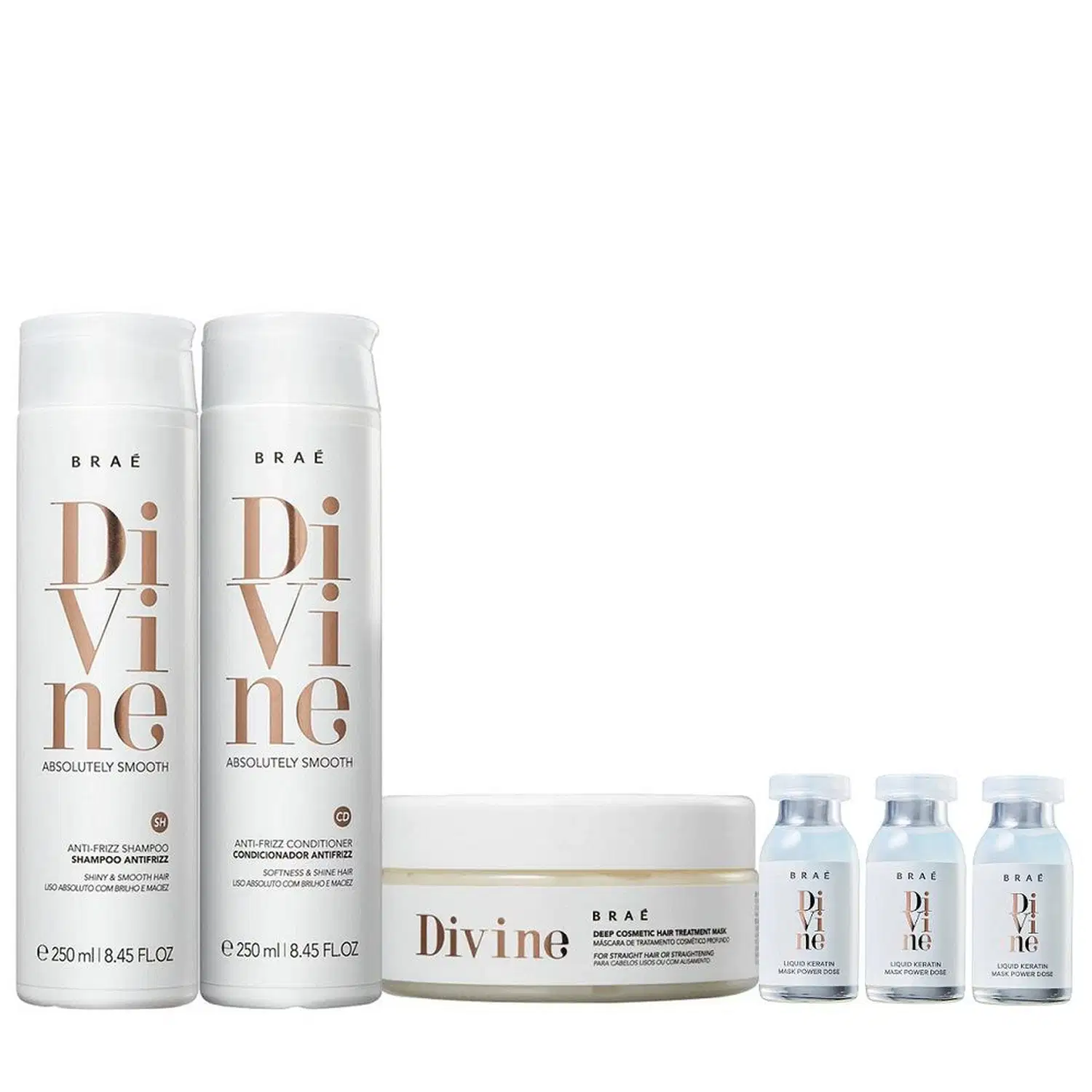Kit Braé Divine - Shampoo 250ml + Condicionador 250ml + Máscara 200g + 3x Ampola 13ml