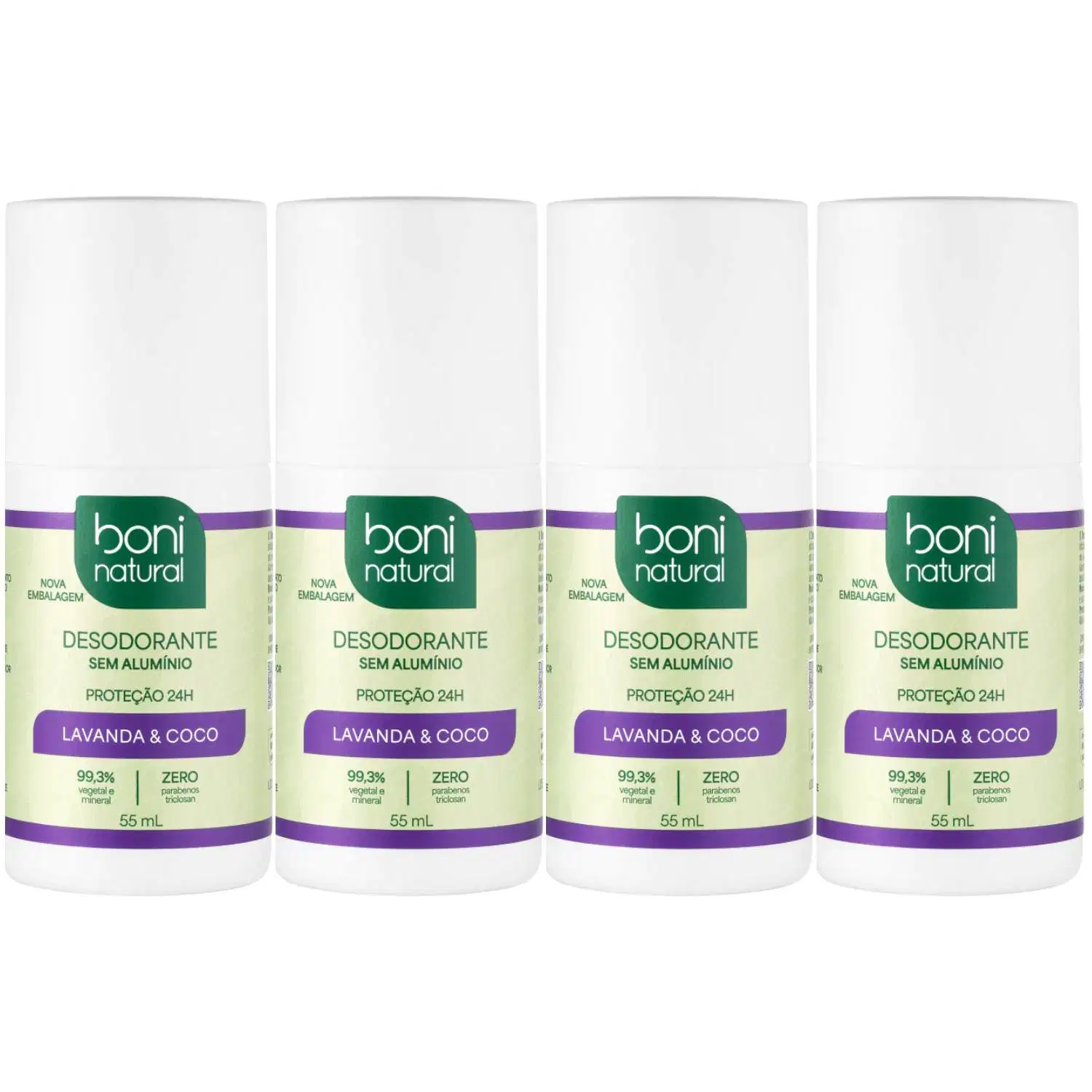 Kit 4 Desodorante Boni Natural Roll-On Natural Coco E Magnésio Vegano Lavanda 24Hrs Proteção 55ml
