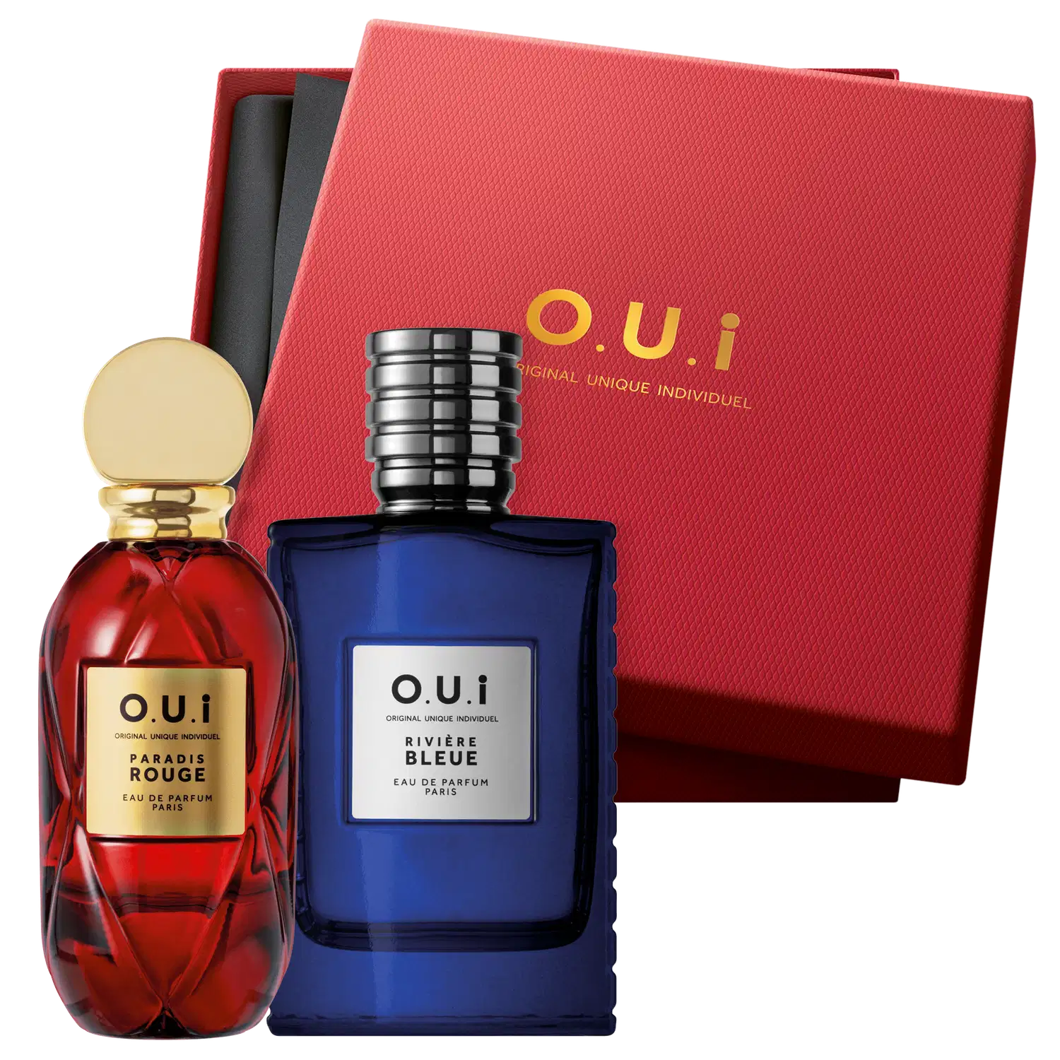 Conjunto O.U.i Paradis Rouge e Rivière Bleue - Eau de Parfum Feminino 75ml + Eau de Parfum Masculino 75ml + Caixa Presenteável