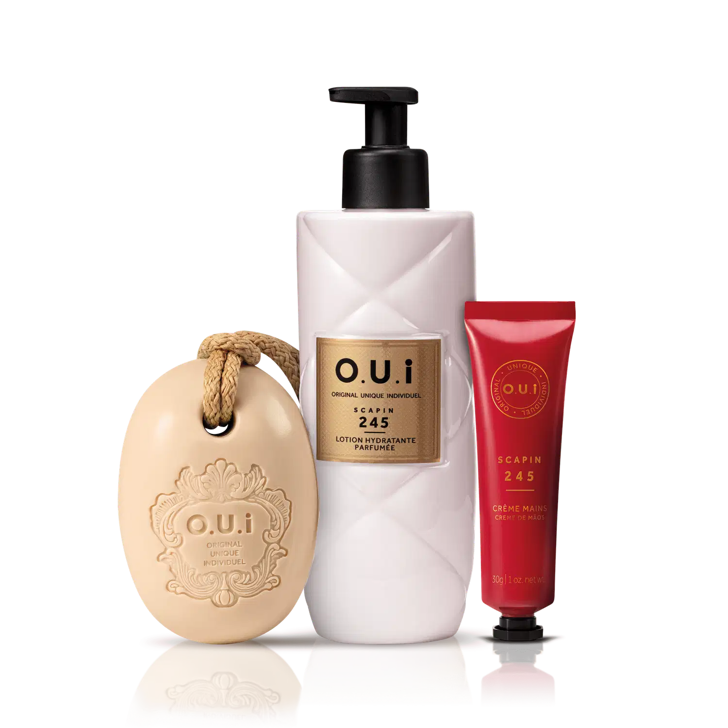 Kit O.U.i Scapin 245 & L'Amour-Esse 142 - Loção Corporal 400ml + Sabonete em Barra 190g + Creme de Mãos 30g