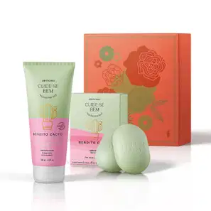 Combo Presente Cuide-se Bem Bendito Cacto: 2 Sabonetes em Barra + Loção Corporal 200ml + Caixa de Presente