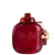 Frasco de perfume Coach vermelho escuro com tampa redonda e detalhe dourado em formato de cereja. Embalagem com gravação em relevo de carruagem.