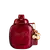 Frasco de perfume Coach vermelho escuro com tampa arredondada e pingente dourado em formato de cereja. Embalagem com gravação em relevo de carruagem.