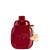 Frasco de perfume Coach de cor vermelha escura com tampa e pingente dourado em formato de cereja. Embalagem com gravação em relevo do logotipo da marca.