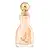 Frasco de item de perfumaria da marca Jimmy Choo, com formato curvilíneo e tampa dourada em formato de olho, em tons de rosa e dourado.