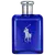 Frasco de perfume azul da marca Ralph Lauren com logotipo prateado em relevo. Recipiente de vidro com tampa metálica arredondada, apresentando design elegante e sofisticado.