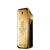 Frasco de perfume dourado com rótulo "1 Million" da marca Paco Rabanne, em formato retangular com detalhes decorativos.